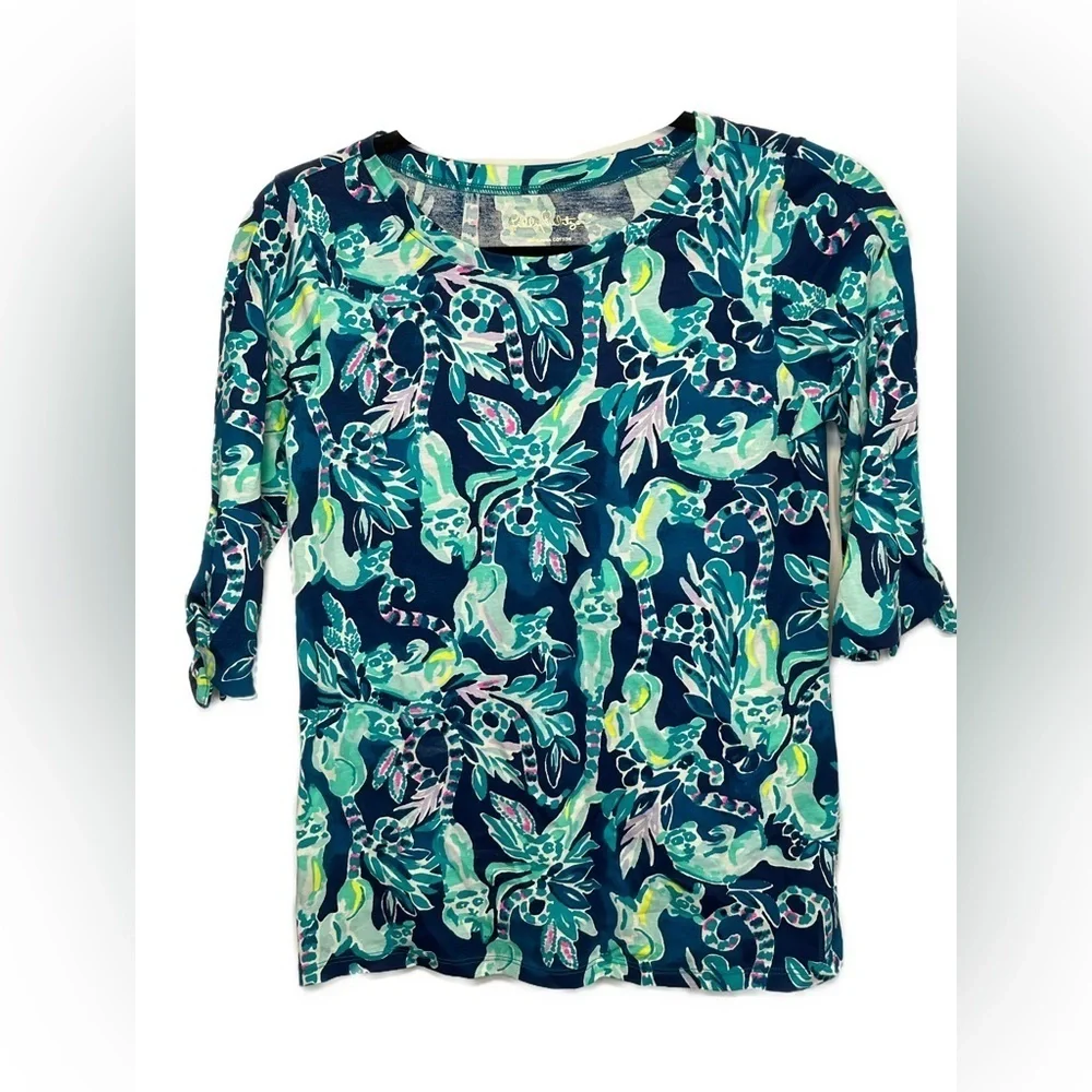 Lilly Pulitzer Preston Top Tidal Wave Tie Sleeve Pima Cotton XS - Picture 4 of 9